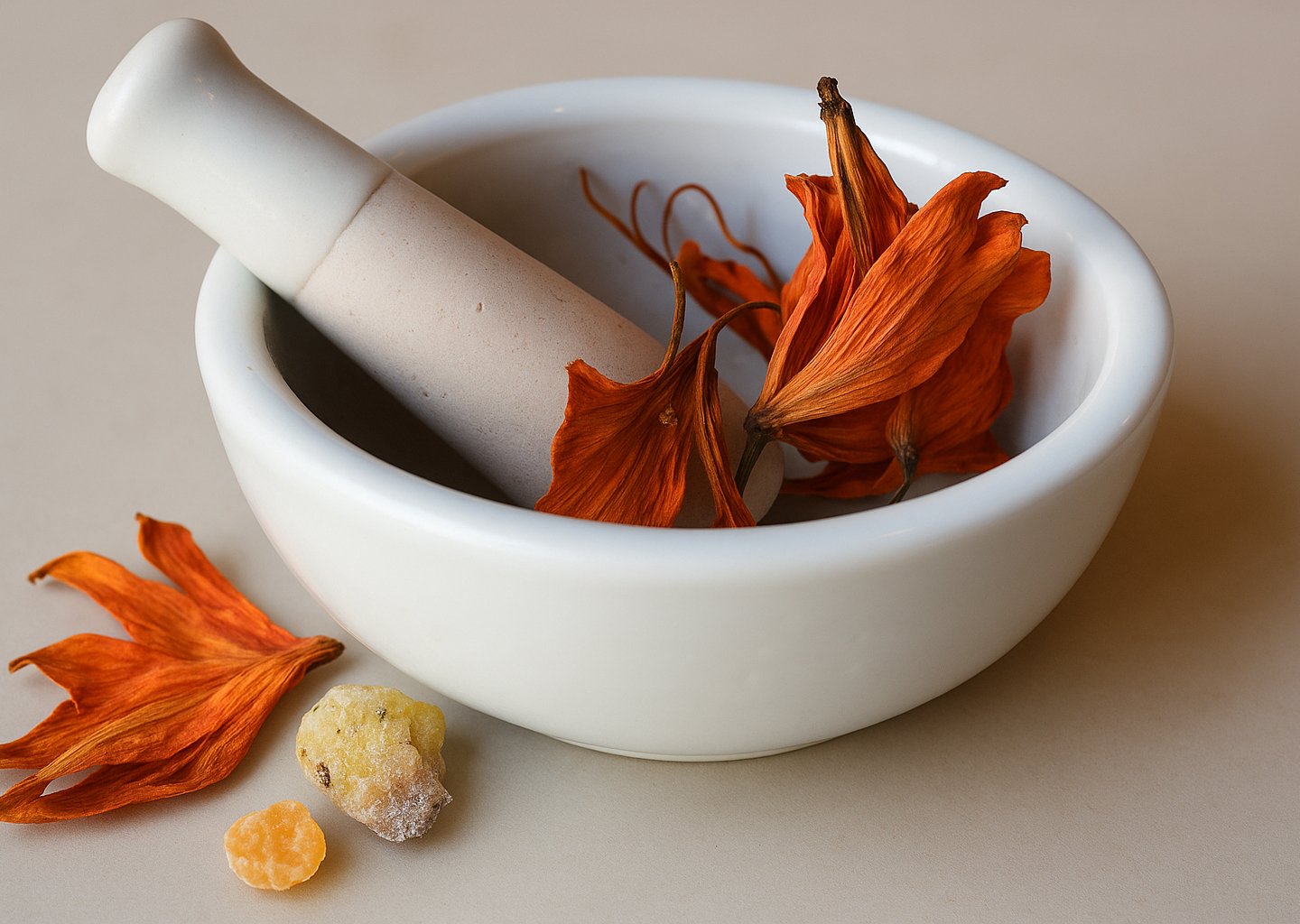 A white mortar and pestle with dried orange flowers and raw incense, representing the ingredients for a perfumery experience.