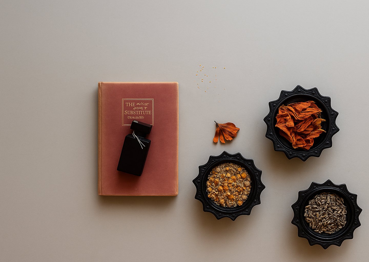 An elegant arrangement of a perfume bottle on a book with bowls of natural essences.